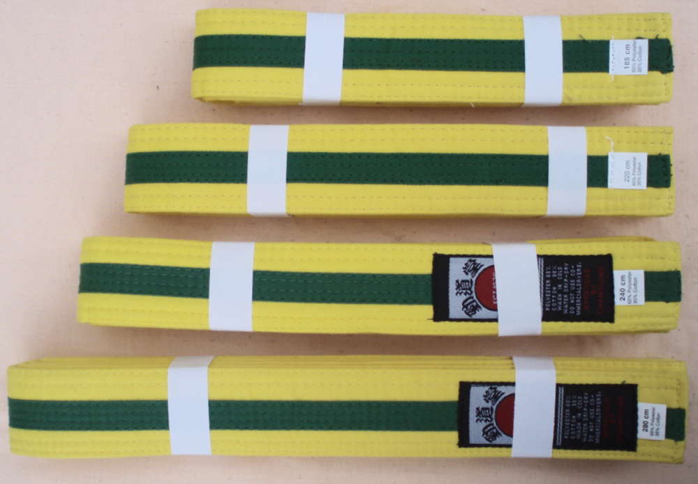 Yellow Belts with Green Stripe.